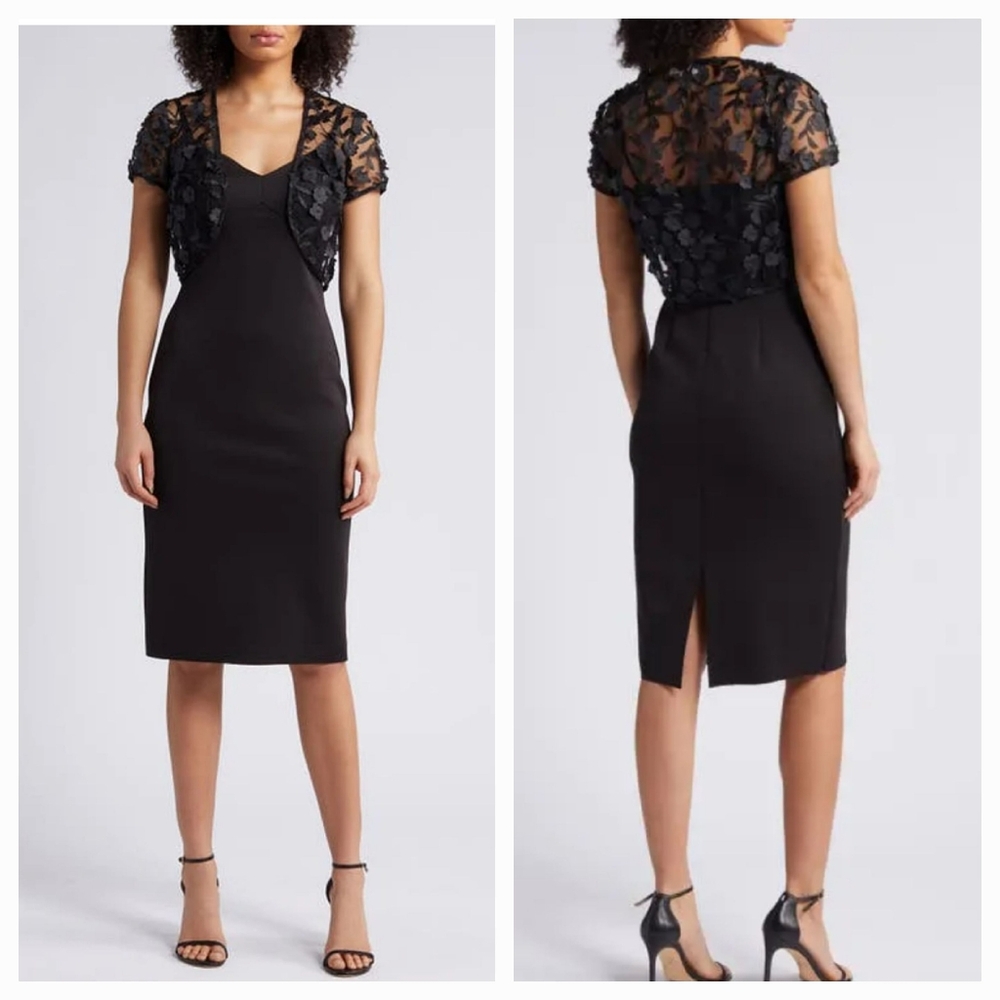 NWT Eliza J Princess Seam Cocktail Dress & Floral Cropped Bolero Black Midi 6 M